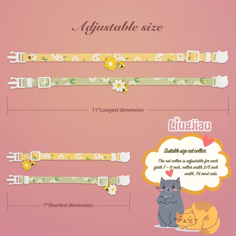A floral breakaway cat collar with a bell shown in various sizes and dimensions.