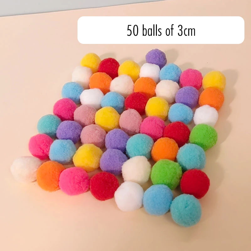 Fifty colorful plush balls measuring 3cm arranged in a cluster.