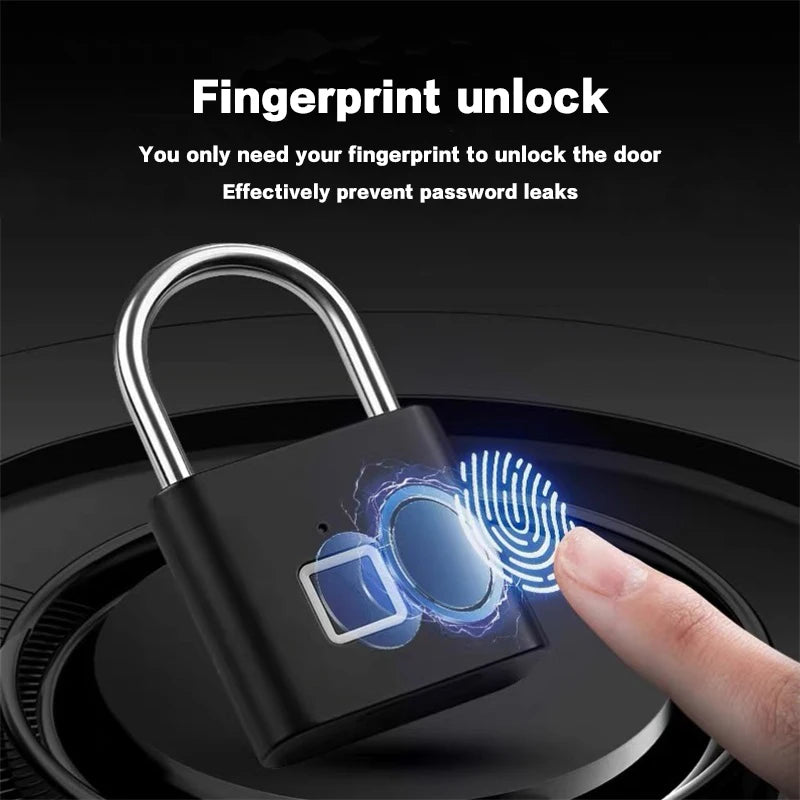 A hand places a fingerprint onto a biometric padlock to unlock a door, demonstrating fingerprint unlock technology.