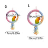 A comparison showing a small bird hanging from a bendable cotton rope perch, with dimensions for small (S) and large (L) size