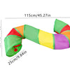 A colorful, flexible rainbow cat tunnel is shown horizontally, displaying various bright colors and a green tip.