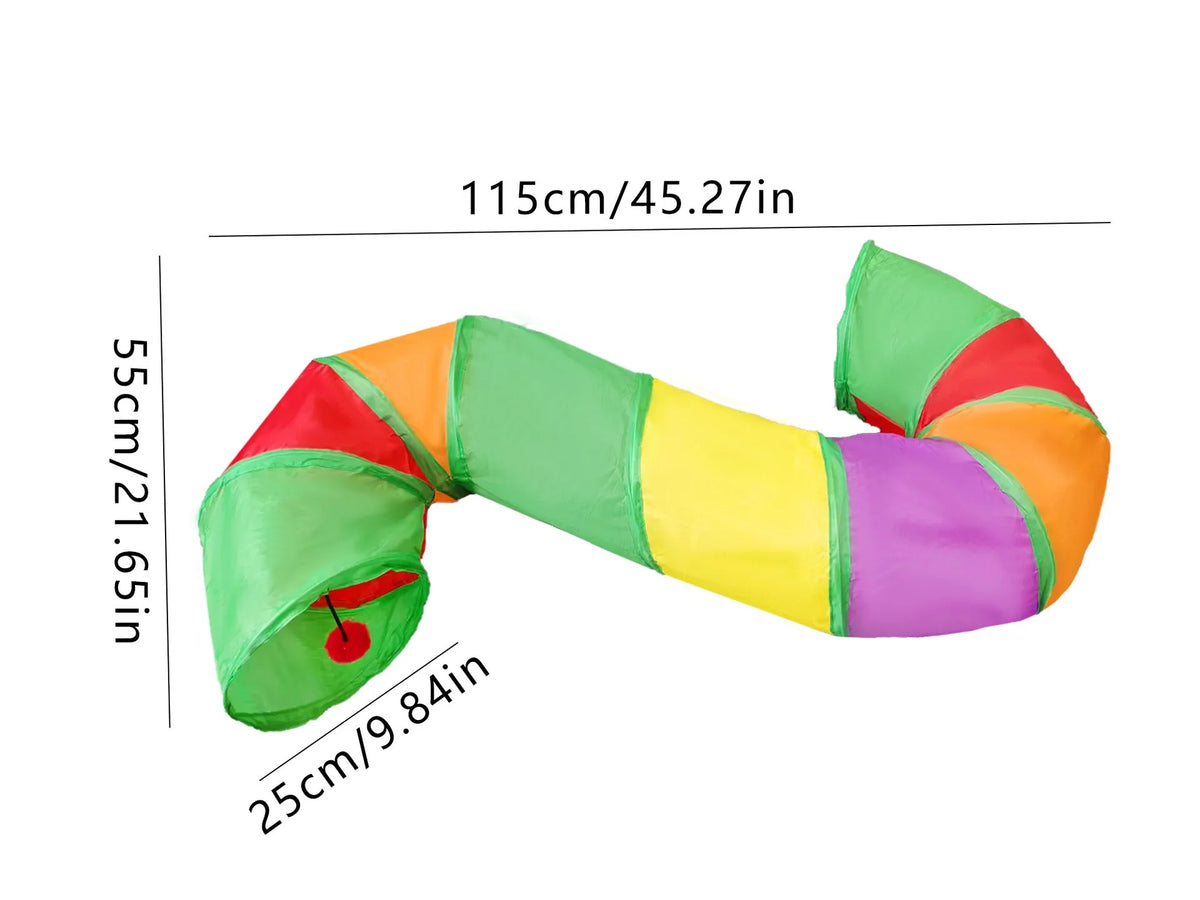 A colorful, flexible rainbow cat tunnel is shown horizontally, displaying various bright colors and a green tip.