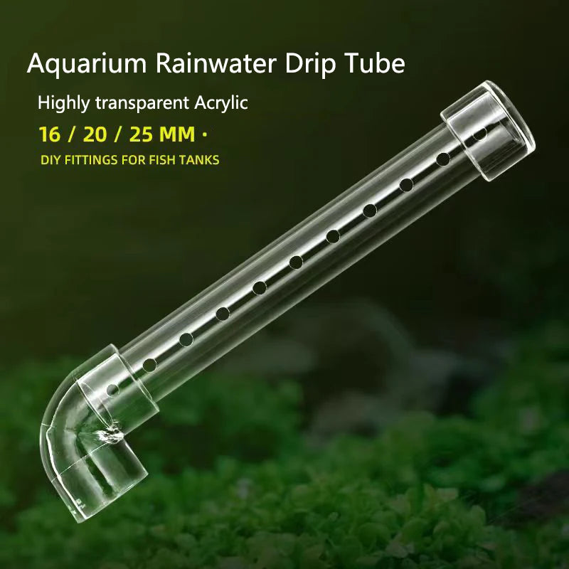 A clear acrylic aquarium rainwater drip tube with multiple sized die fittings for fish tanks.