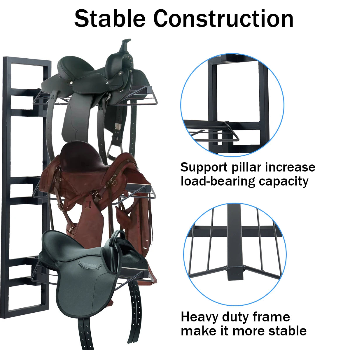 A black three-tier wall-mounted saddle rack with a heavy duty frame designed for stable construction.
