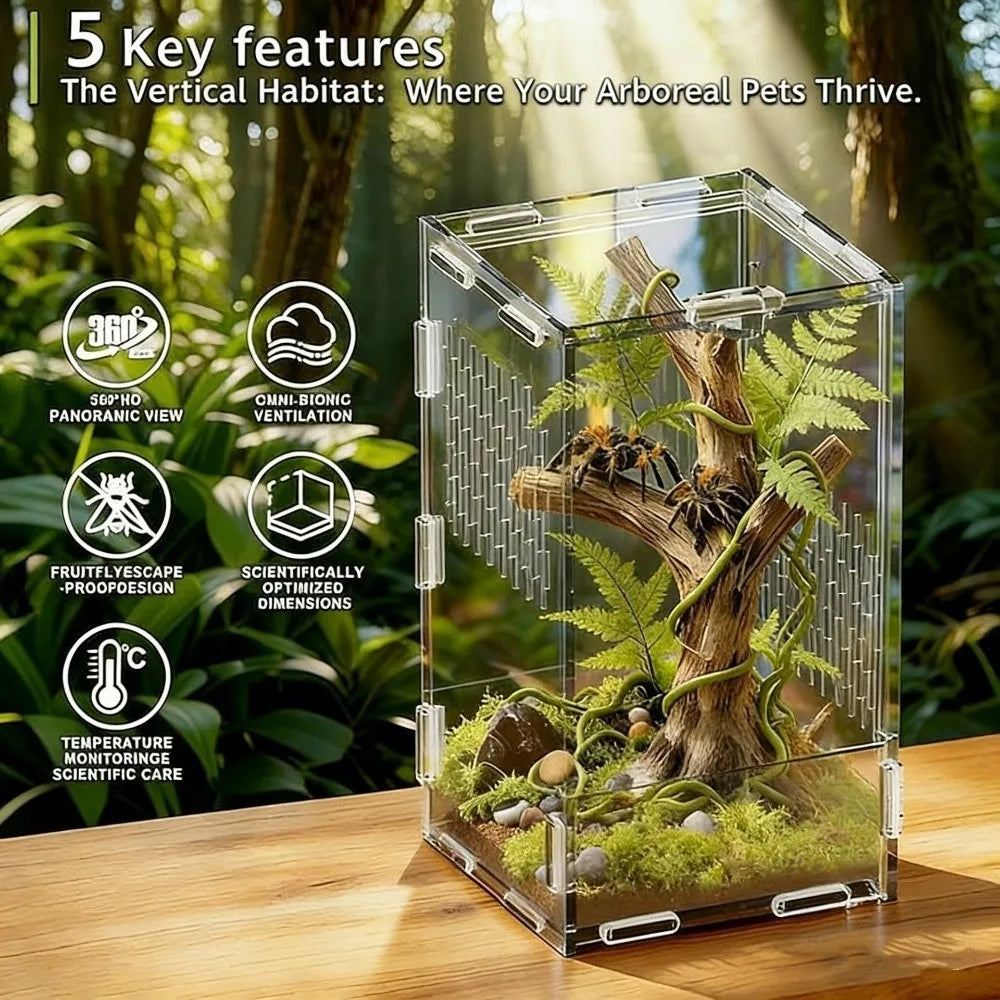 Clear acrylic reptile terrarium featuring a tree habitat with plants and wood, designed for arboreal pets.