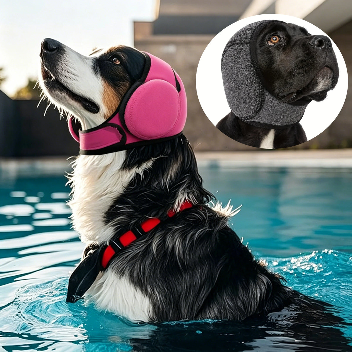 Ein schwarz-weißer Hund trägt eine pinke Ohrenschutzmütze beim Schwimmen in blauem Wasser.