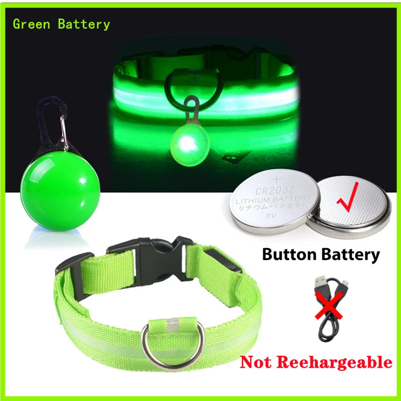 Green battery and button battery components for a non-rechargeable LED dog collar.