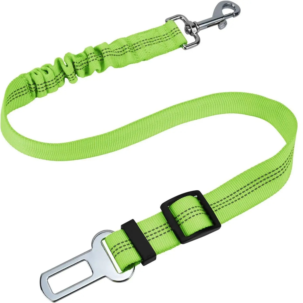 Ceinture de voiture pour animal vert lime réglable avec un clip métallique et une boucle en plastique.