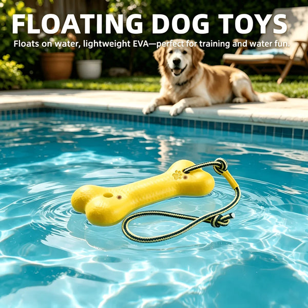 A yellow floating dog toy resembling a bone is visible in clear blue water.