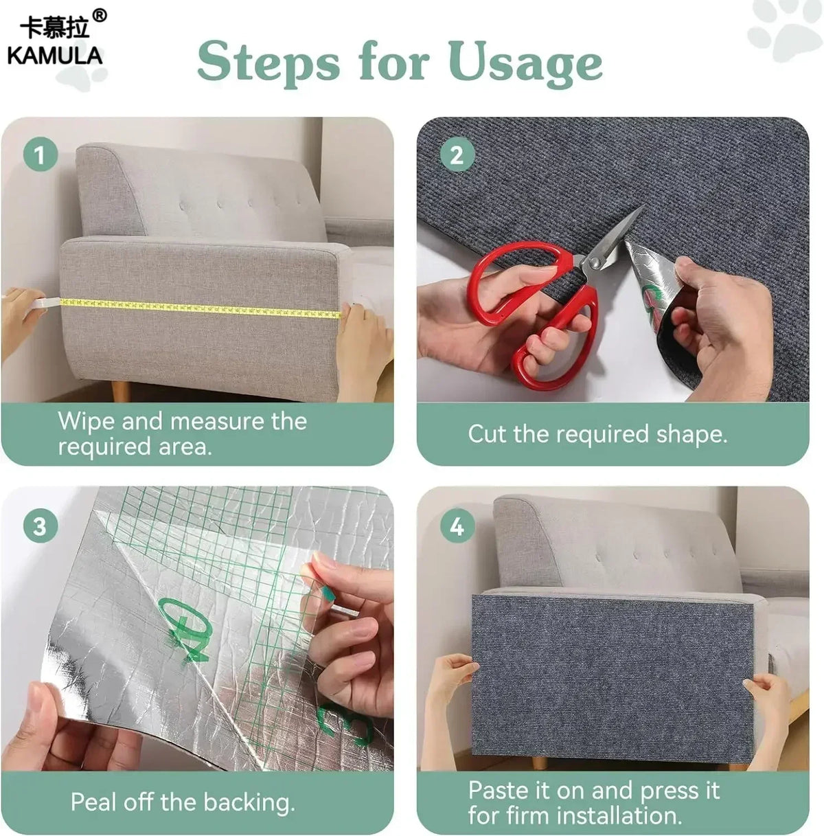Anleitung zur Verwendung einer Kamula DIY Katzenkratzmatte, zeigt Messen, Schneiden und Installieren.