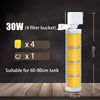 A white submersible aquarium filter with four yellow filter buckets is shown on a wooden surface.
