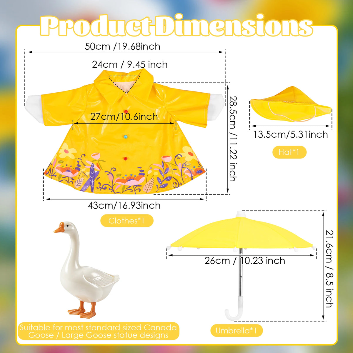 Yellow goose outfit and umbrella with dimensions for lawn decor