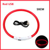 A red 50cm USB rechargeable pet safety light collar with a connector and a close-up view of the light.