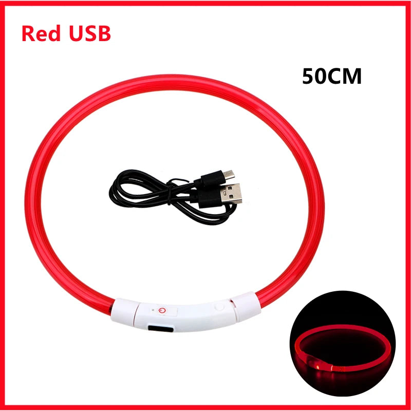 A red 50cm USB rechargeable pet safety light collar with a connector and a close-up view of the light.
