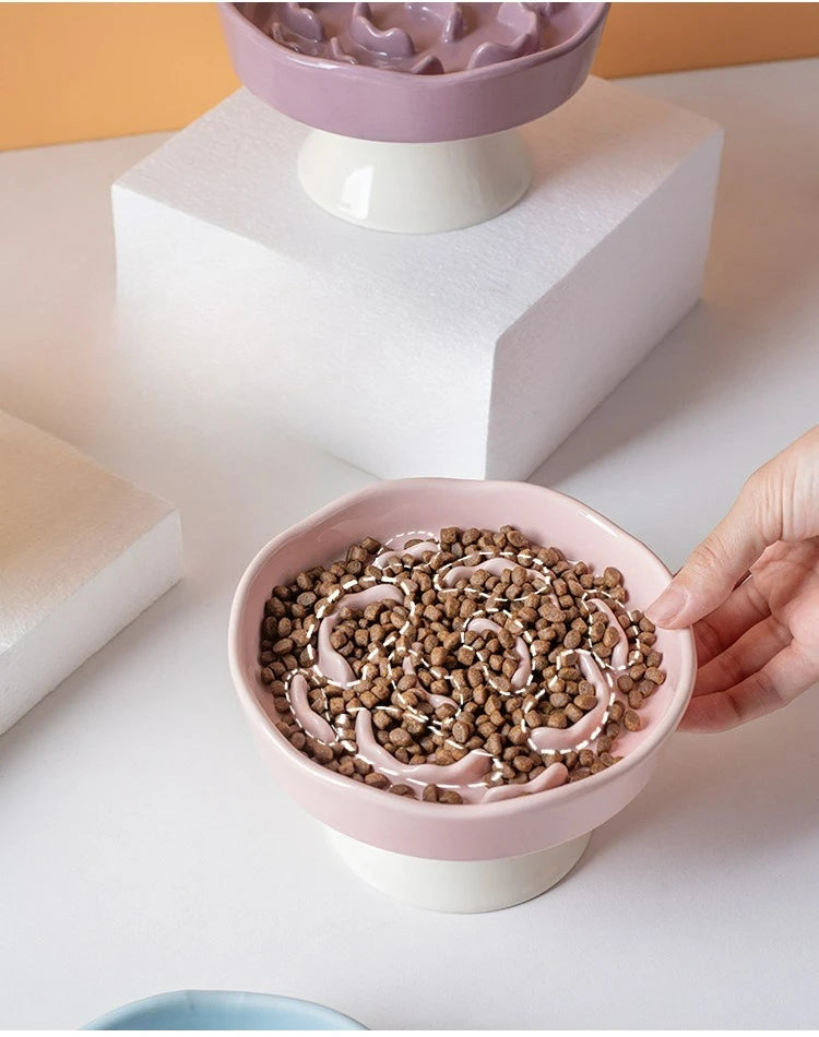 A hand holds a pink ceramic elevated bowl filled with pet food, resting on a white stand.