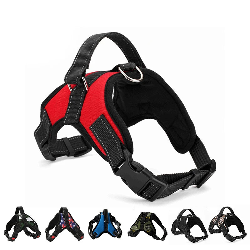 A set of black and red breathable nylon dog harnesses shown from various angles.