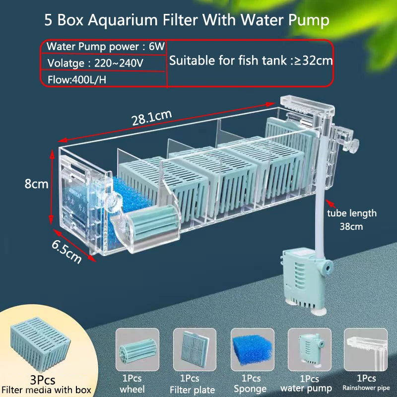 Wall-mount aquarium filter box with water pump and filter media components