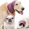 A golden retriever and a pug wearing matching mauve ear muff hats.