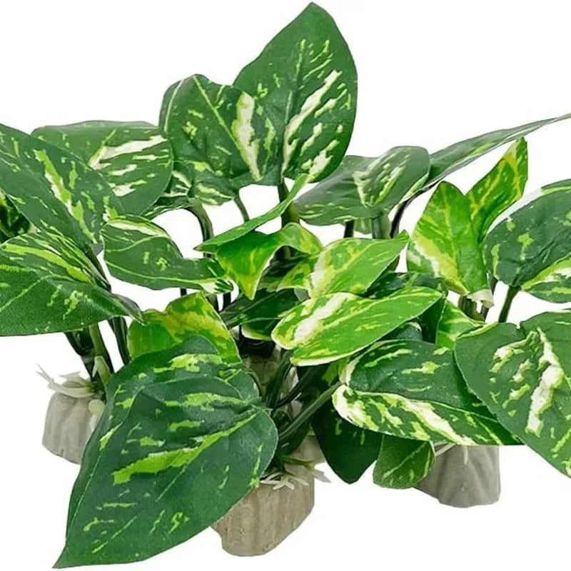 A set of realistic plastic aquarium landscaping plants with secure bases.