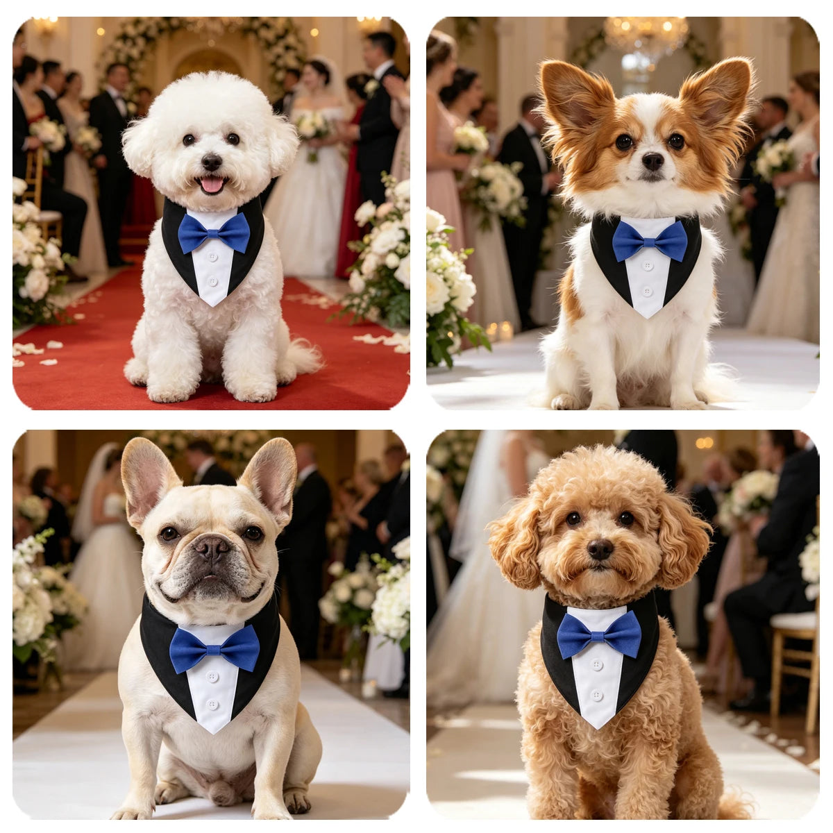 Four dogs in tuxedo bandanas posing for a photo at an elegant event.