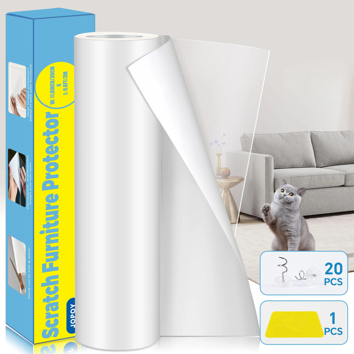 Rouleau de ruban protecteur pour meubles jaune avec une feuille blanche montrant son utilisation sur un chat