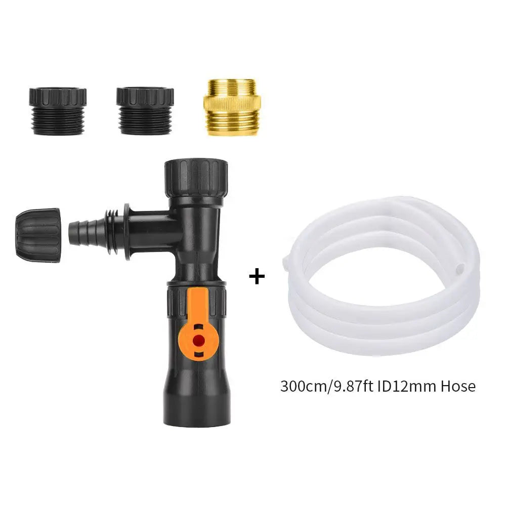A set of aquarium water changer siphon pumps and a white hose for moving water.