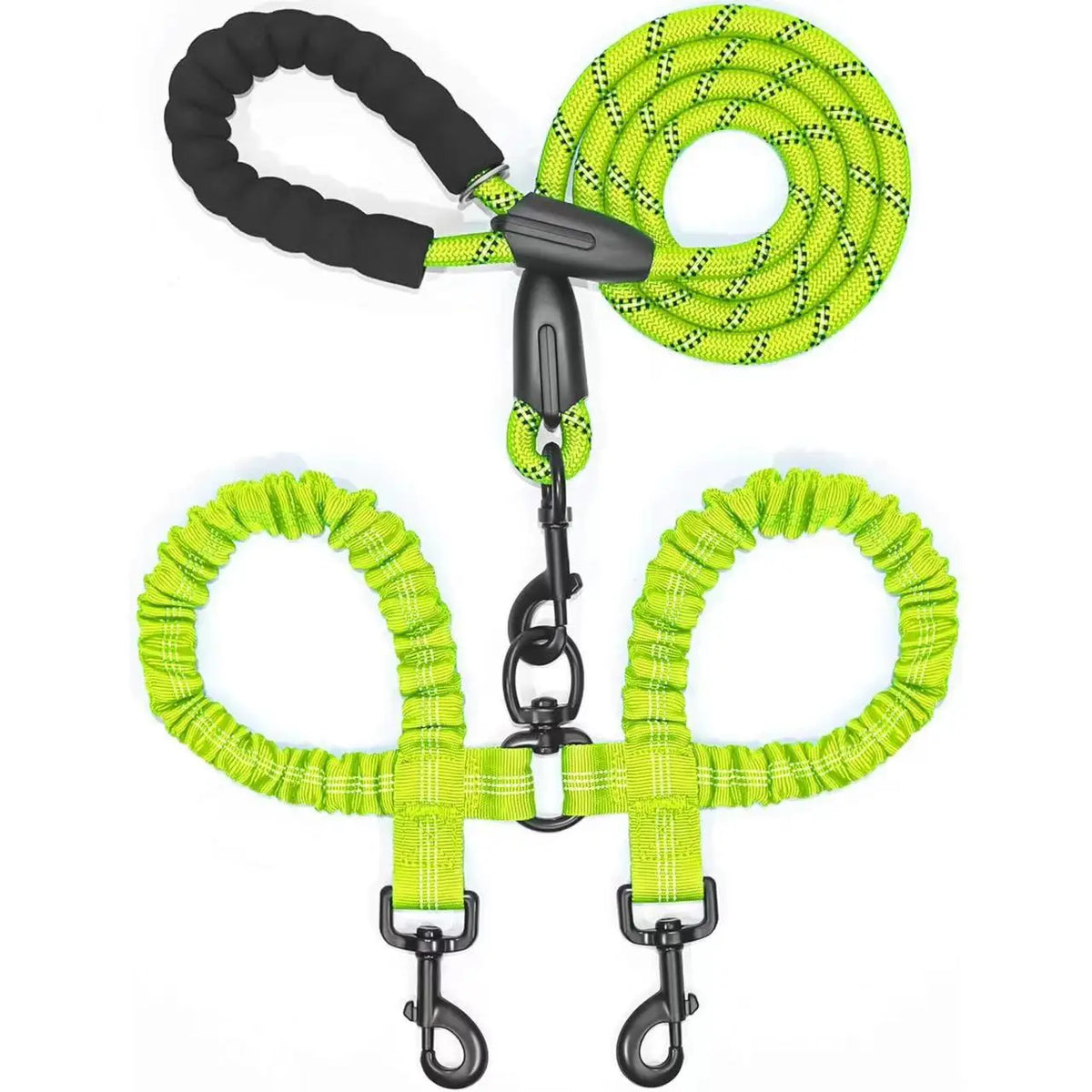 A bright lime green double dog leash with black handles and shock absorbing bungee.