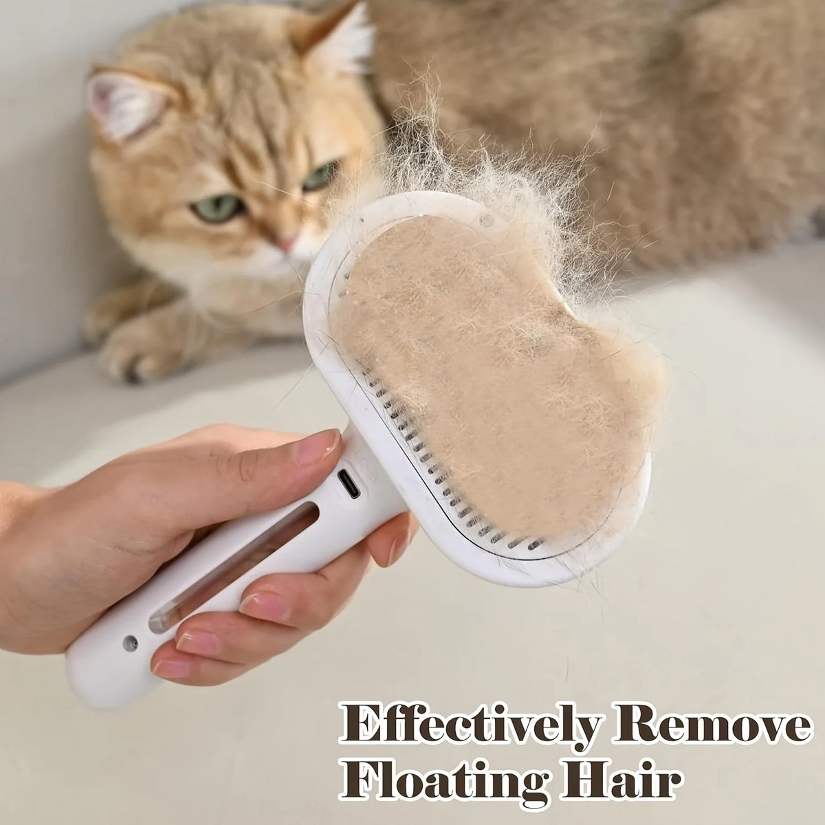 A hand holds a white floating hair remover brush next to a fluffy cat.
