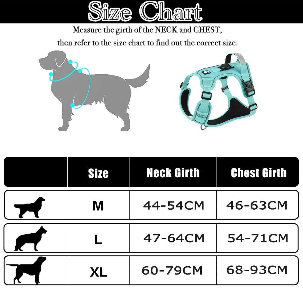 Size chart for a dog harness showing measurements for neck girth and chest girth in various sizes.