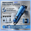 A blue professional pet precision clipper with a self-sharpening blade and digital display, shown against a silver background