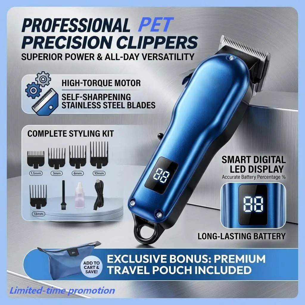A blue professional pet precision clipper with a self-sharpening blade and digital display, shown against a silver background