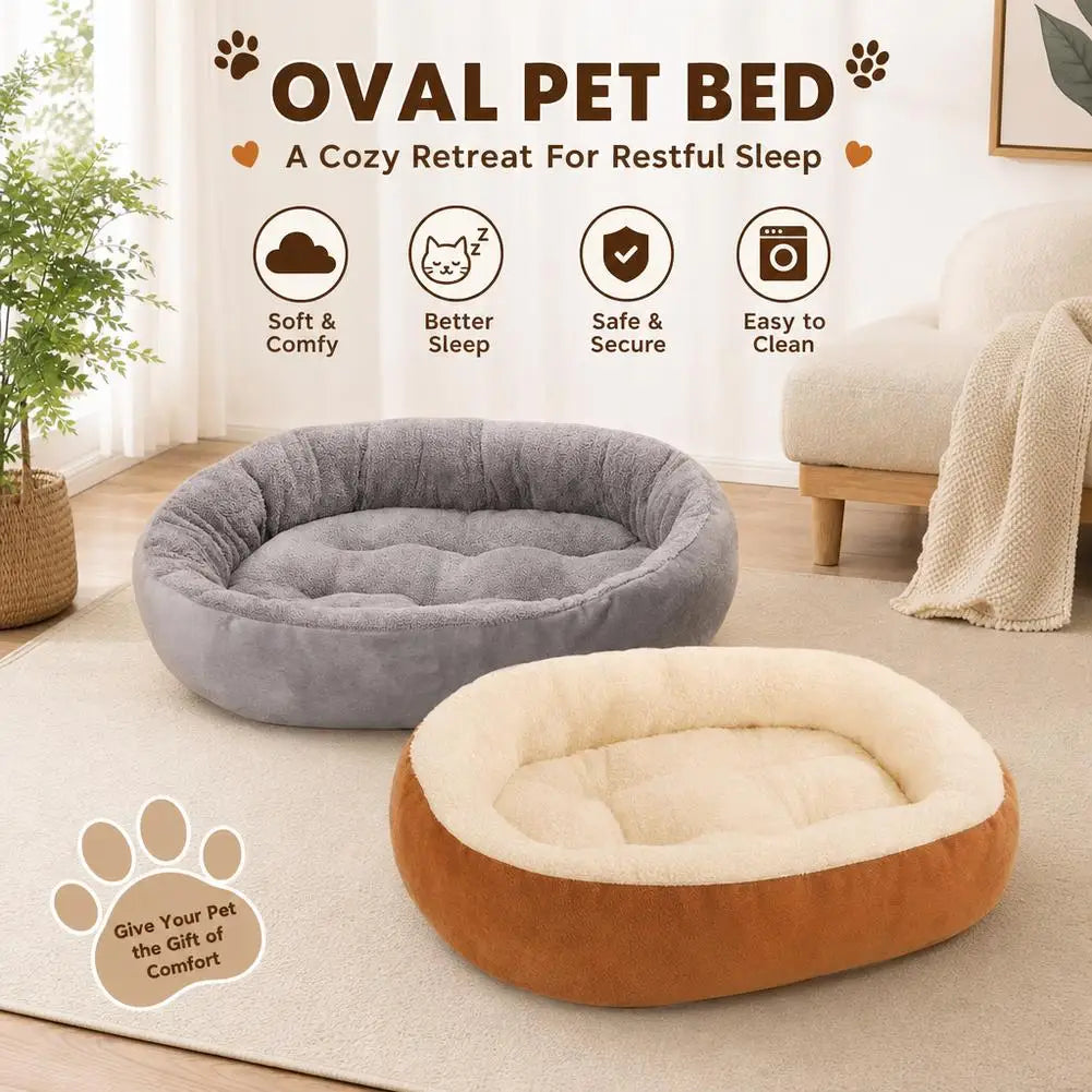 A plush oval pet bed in gray and beige fabric shown on a rug with comfort features highlighted.
