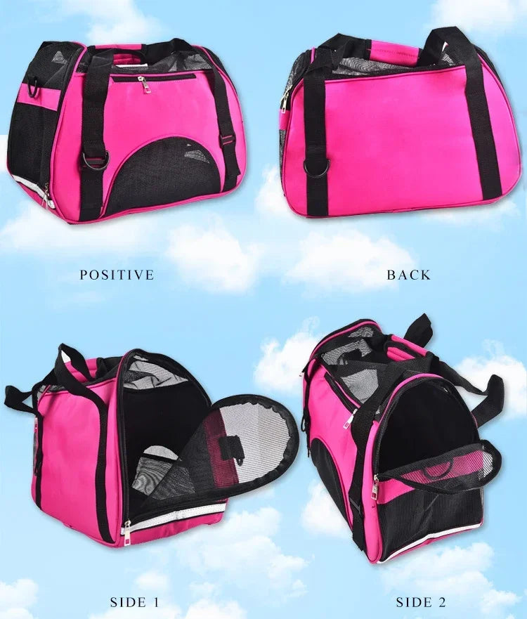 Pink and black portable foldable pet carrier shown from the front, back, and side angles.