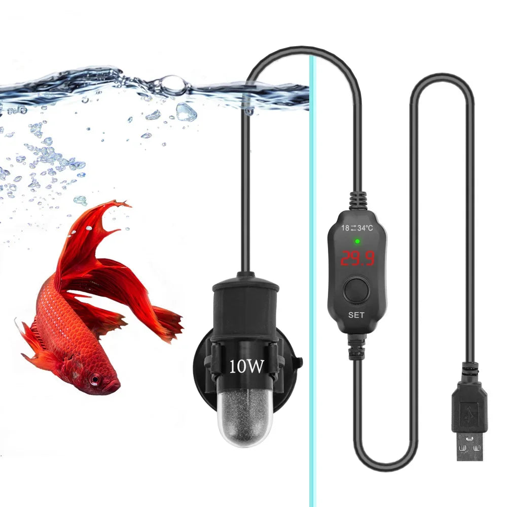 A submersible aquarium heater with a cord and plug is shown under water near a red fish.