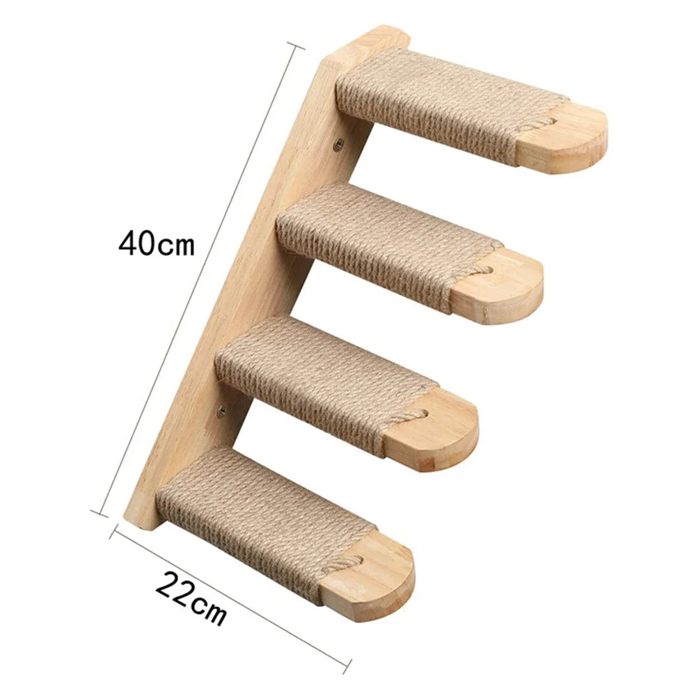 Wall-Mounted Wooden Cat Climbing Set with Sisal Scratching Post and Hammock