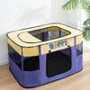 A purple folding cat tent bed with a yellow plush mat and black mesh sides is shown on a wooden surface.