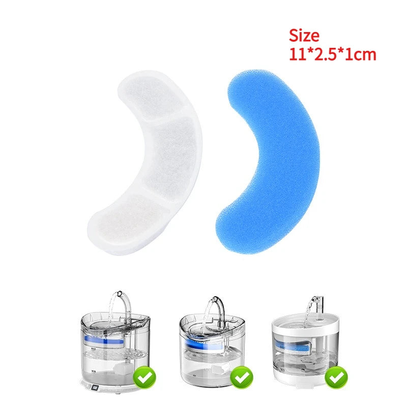 Two replacement filters for a cat water fountain, one white and one blue, shown next to three clear filter housings.