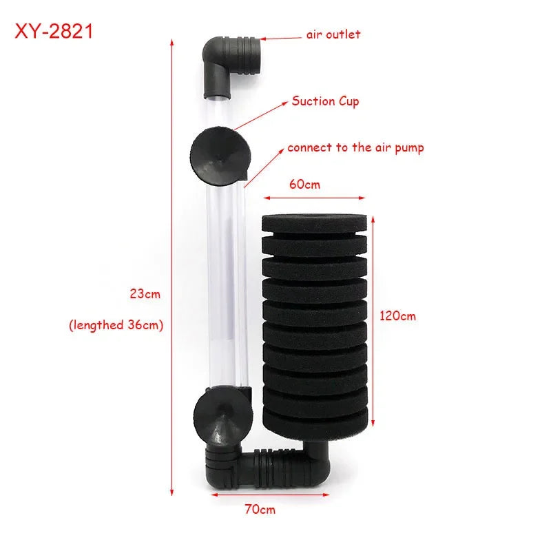 A clear glass tube with an air outlet, suction cup, and a black coiled filter section for an aquarium biochemical sponge filt