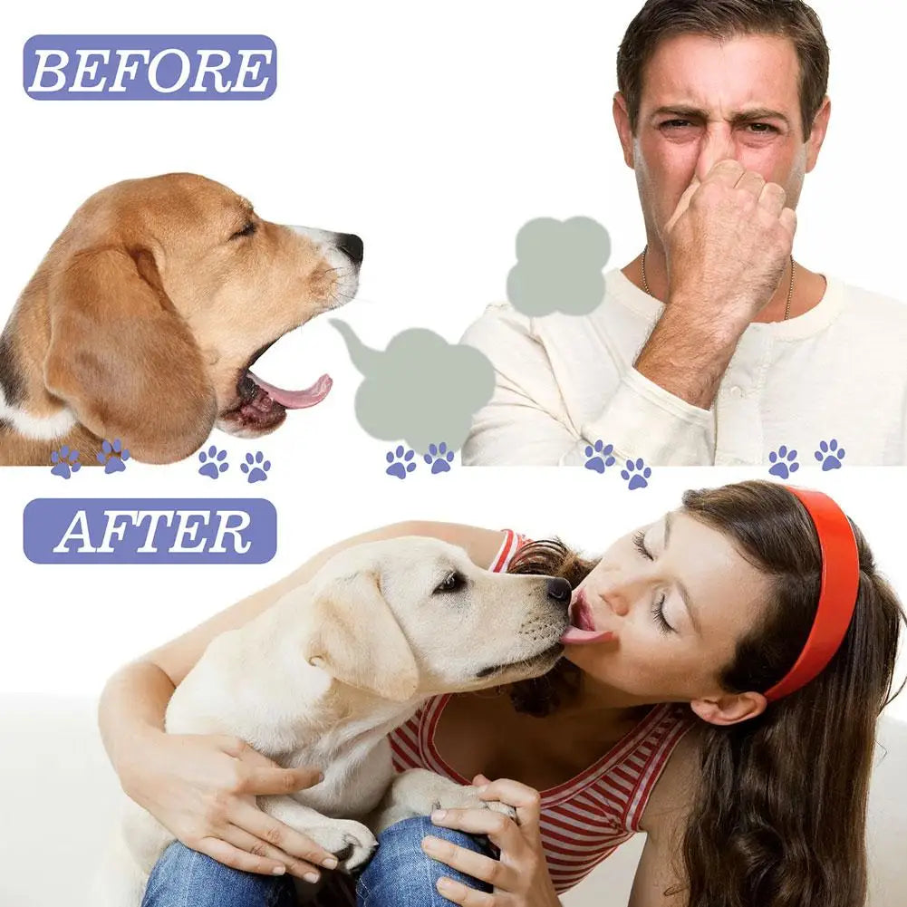 Before and after comparison showing a dog's mouth before and after using an oral care spray for bad breath and plaque removal