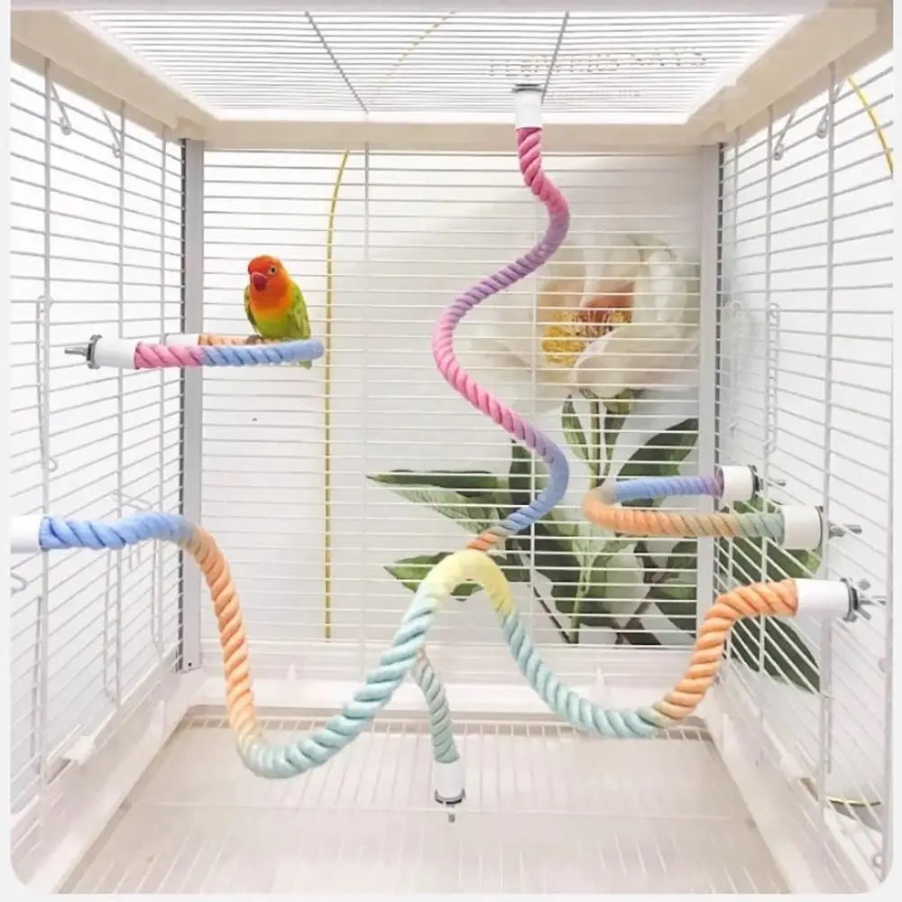 A white bird cage interior showing a bendable cotton rope perch for small birds with colorful perches.