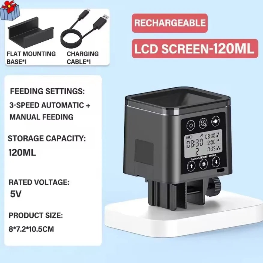 A black automatic fish feeder with an LCD screen and charging cable, shown next to its specifications.