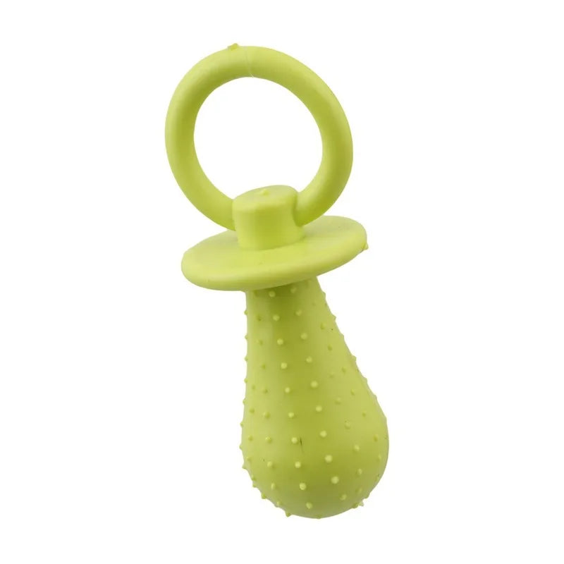 A bright lime green rubber pacifier chew toy with a loop and a textured, pear-shaped body.