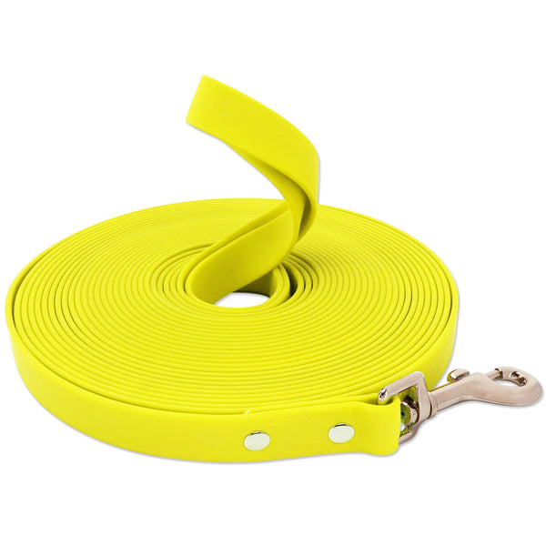 A bright yellow heavy-duty waterproof dog leash coiled and attached to a clip.