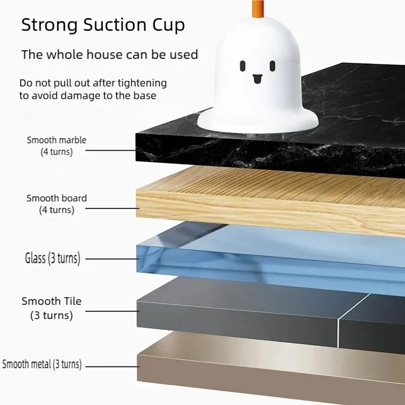 A strong suction cup product demonstrating various surfaces it can be used on, including marble, wood, glass, and metal.