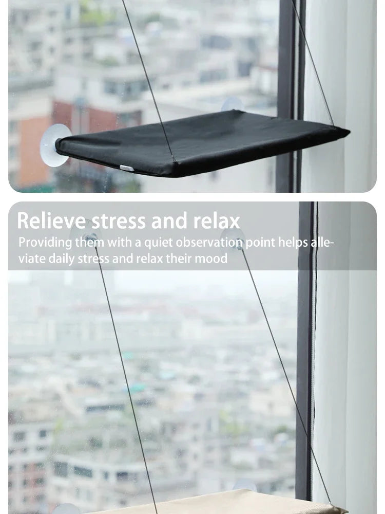 A black window hammock suspended by wires, offering a quiet observation point for stress relief.