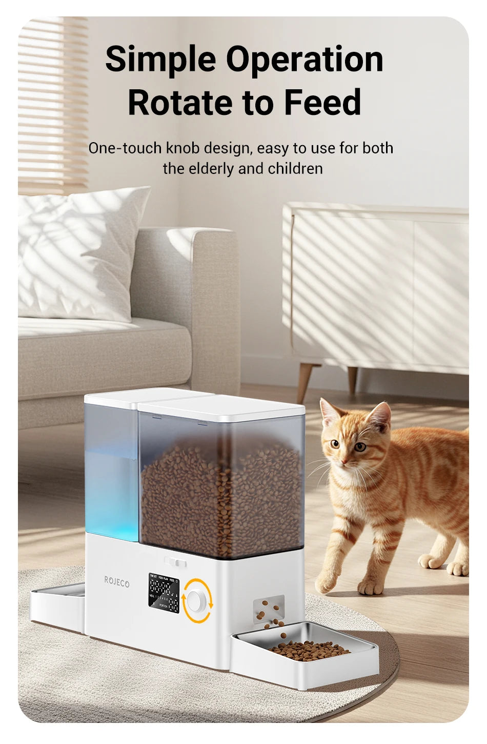 Un dispensador automático de comida y agua para mascotas blanco junto a un gato.