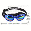 Black collapsible dog sunglasses with blue lenses and adjustable straps