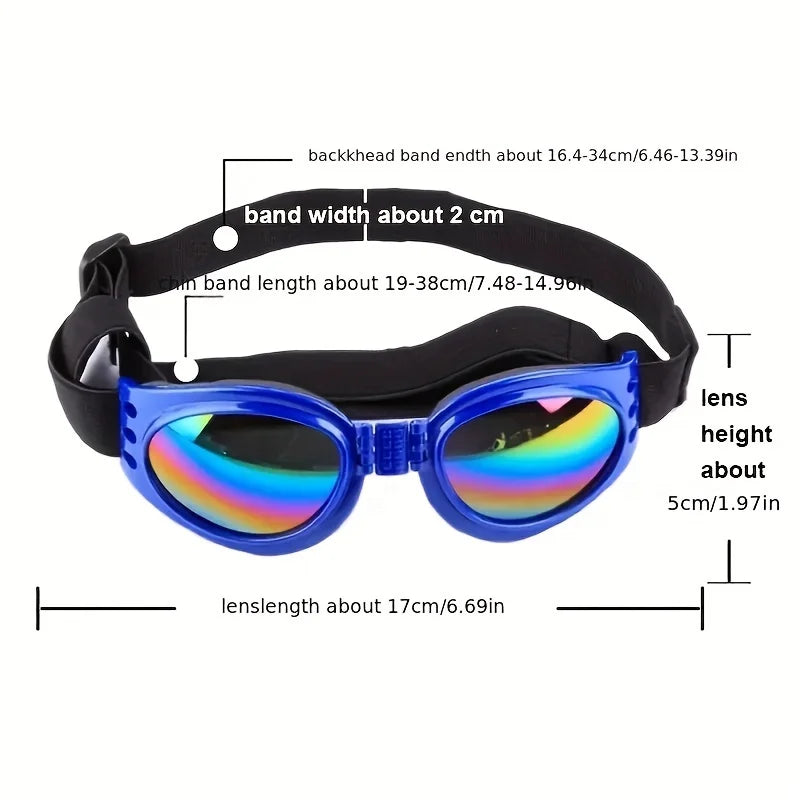 Black collapsible dog sunglasses with blue lenses and adjustable straps