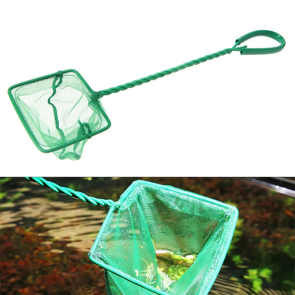 A green fine mesh aquarium fish net with a handle is shown, partially submerged in water.