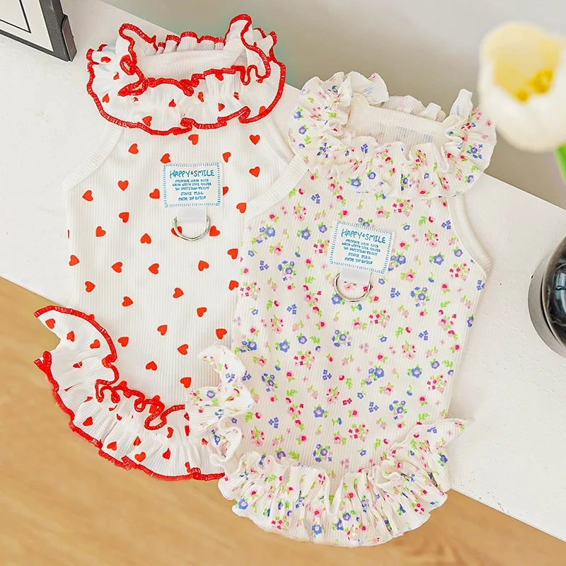 Floral Princess Pet Dress with Heart Print